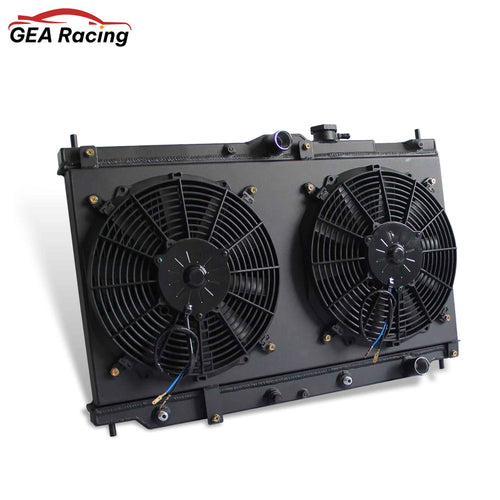 2 Row black aluminum radiator and fan shroud left side view for Honda Prelude/Accord 1990-1996 L4 AT MT