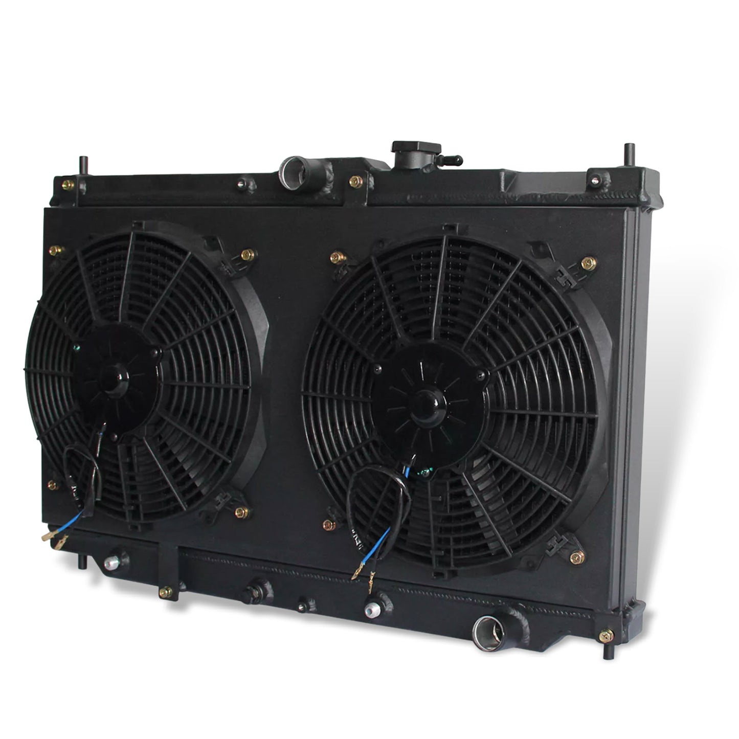 2 Row black aluminum radiator and fan shroud right side view for Honda Prelude/Accord 1990-1996 L4 AT MT