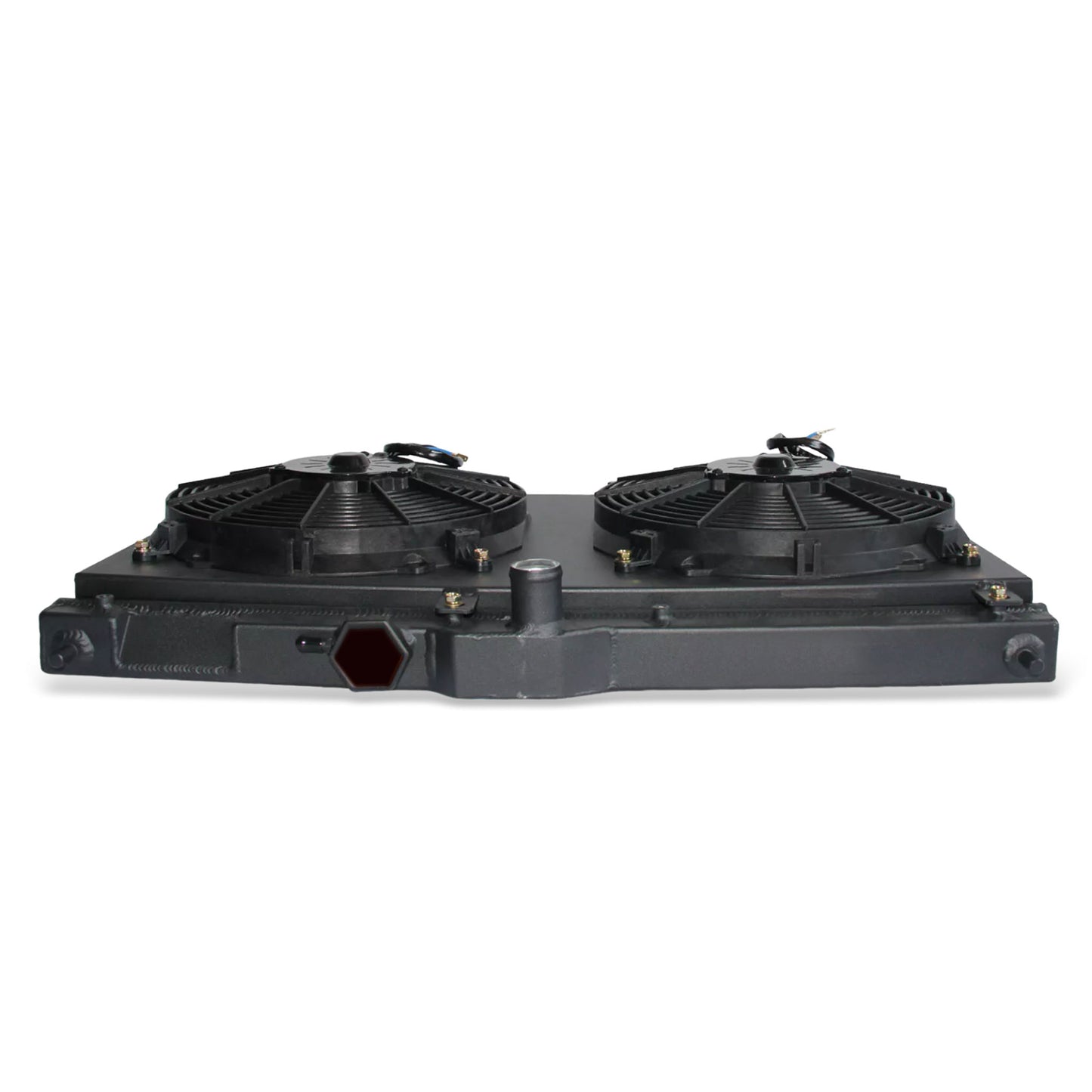 2 Row black aluminum radiator and fan shroud side view for Honda Prelude/Accord 1990-1996 L4 AT MT