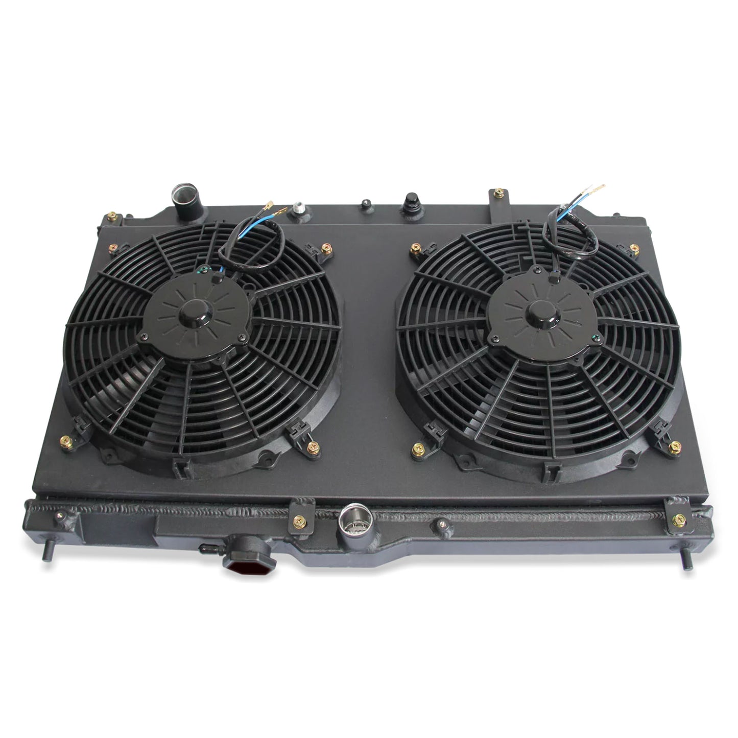 2 Row black aluminum radiator and fan shroud top view for Honda Prelude/Accord 1990-1996 L4 AT MT
