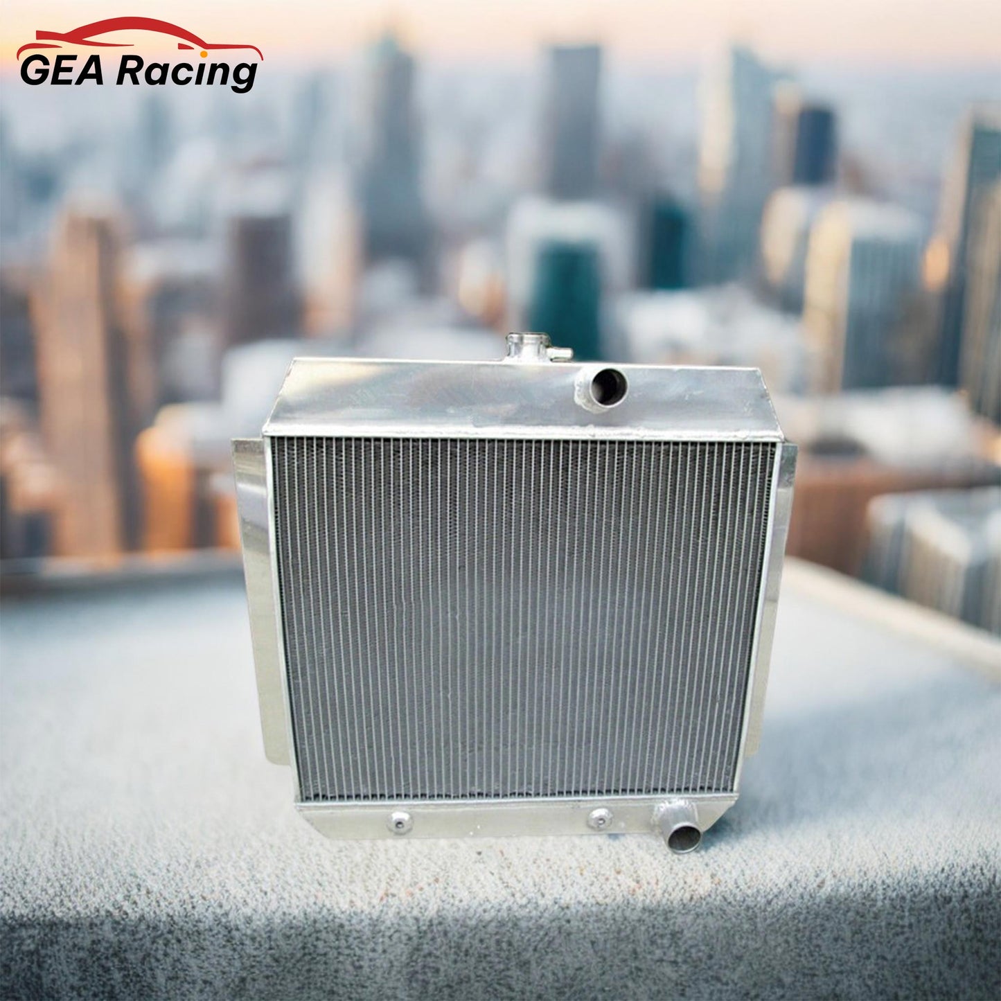 A 3-row performance aluminum radiator installed in a 1954 Chevy Bel Air with an Inline-6 engine.