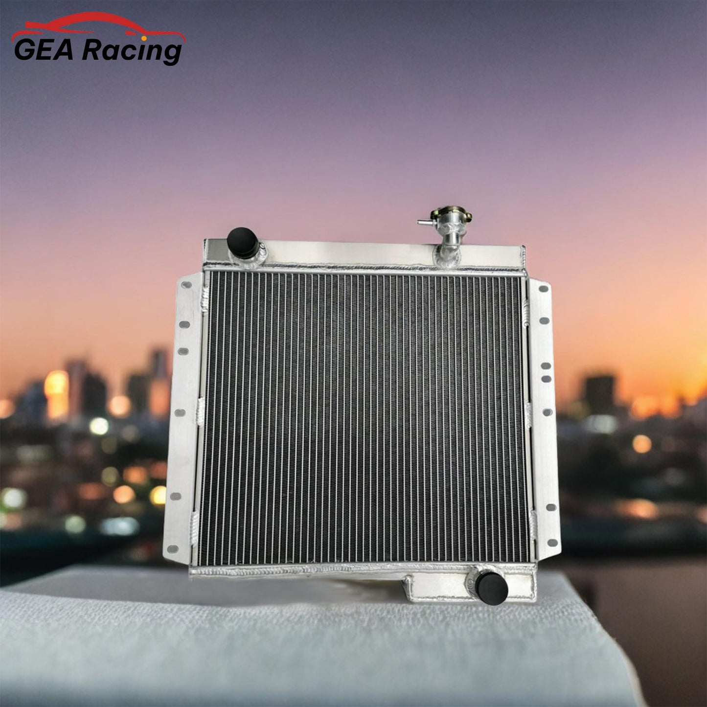 A 3-row performance aluminum radiator installed in a classic Toyota Land Cruiser FJ40 with a 2F engine, a vital upgrade for trail use.