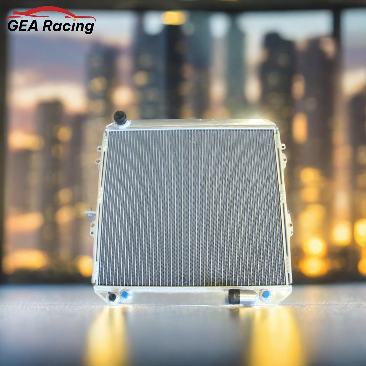 A performance aluminum radiator installed in a Toyota Hilux Surf LN130 engine bay, a vital upgrade for off-roading or daily driving.