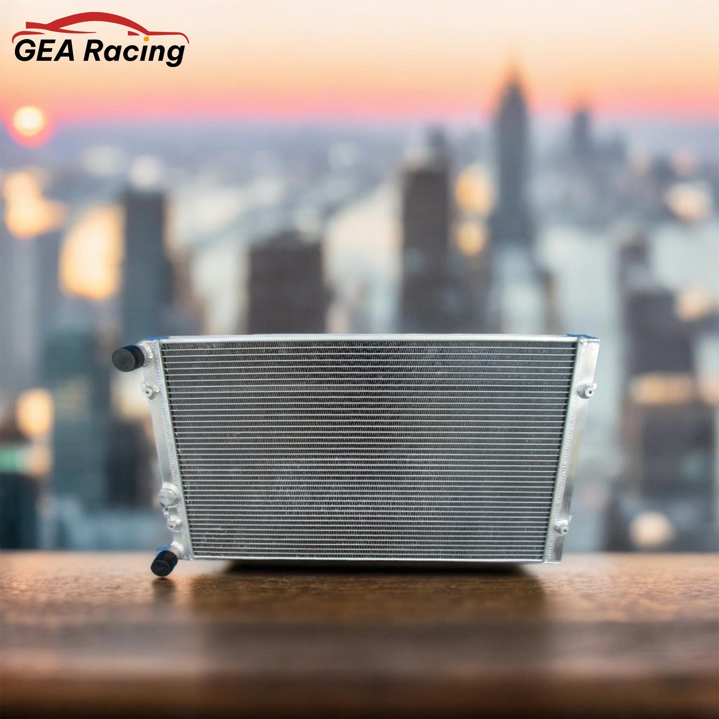 A dual pass performance aluminum radiator installed in a clean VW Golf MK4 GTI engine bay, a serious cooling upgrade for tuned cars.
