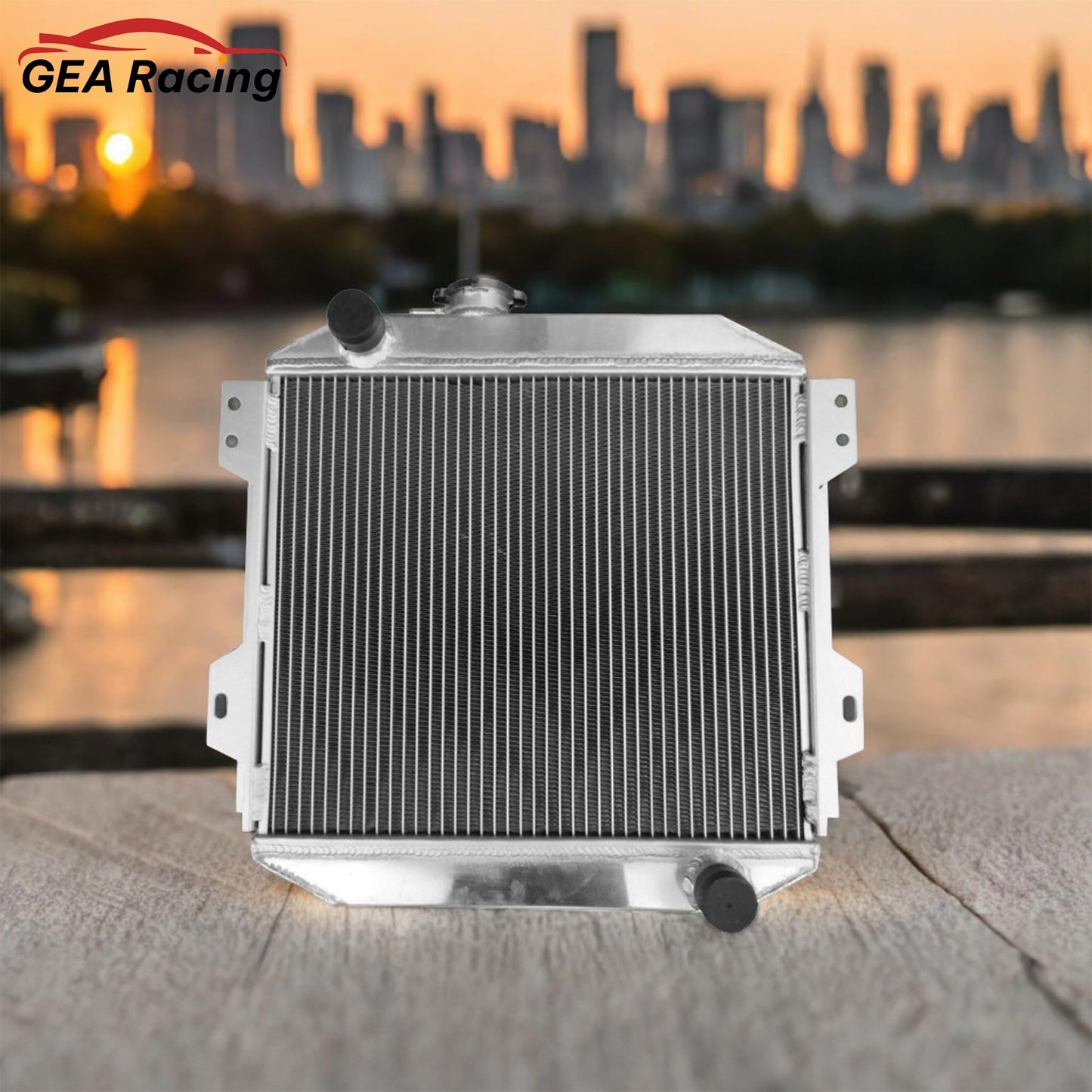 The complete aluminum radiator and fan kit installed in a Ford Capri MK1 engine bay, a vital upgrade for performance.