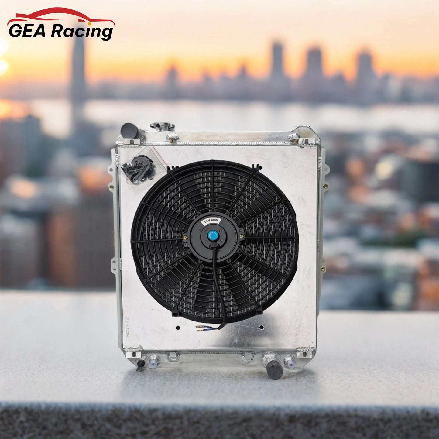 The complete 3-row radiator and fan kit installed in a Toyota 4Runner with a 1KZ-TE engine, a vital upgrade for towing or off-roading.
