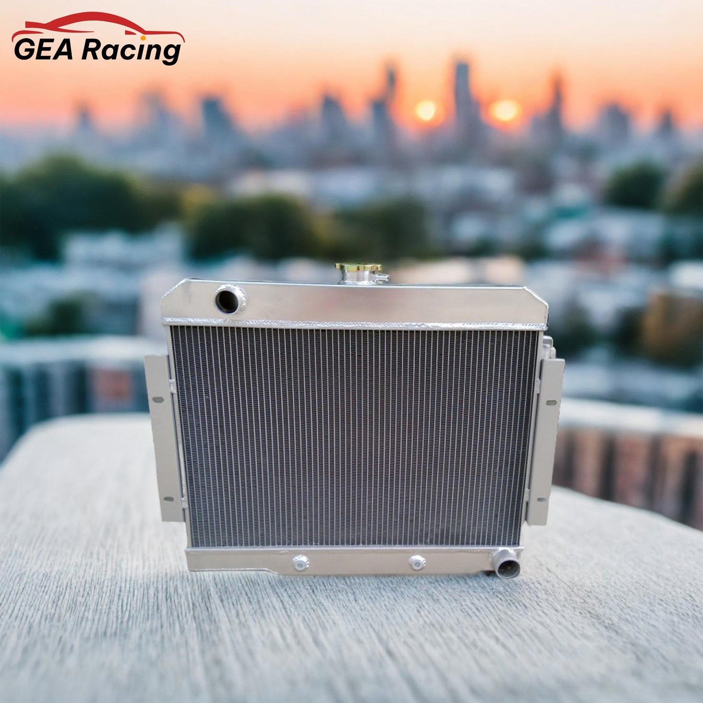 A performance aluminum radiator installed in a Jeep CJ7 with a Chevy 350 SBC V8 engine swap, showing a clean, custom fit.