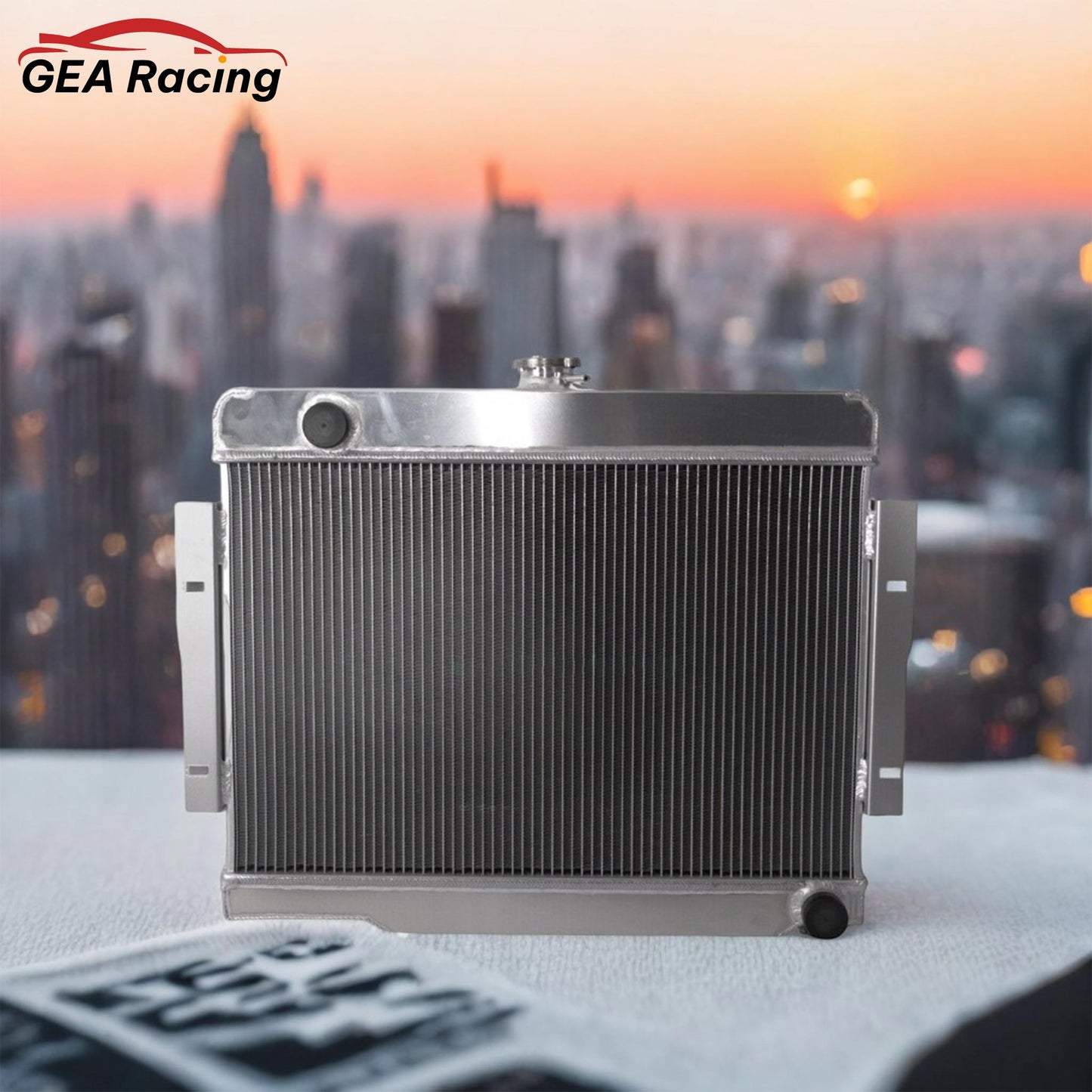 3-row aluminum radiator installed in a classic Jeep CJ7, providing massive cooling for its Chevy V8 engine conversion.