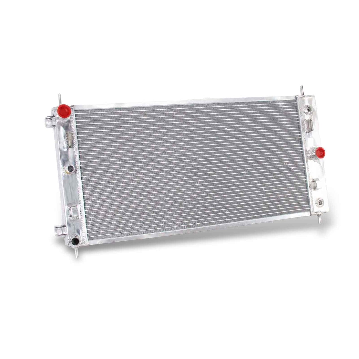 Left side profile of the heavy-duty 3-row aluminum radiator designed for enhanced cooling on the 2004-2010 Chevrolet Malibu and Pontiac G6 3.5L V6.