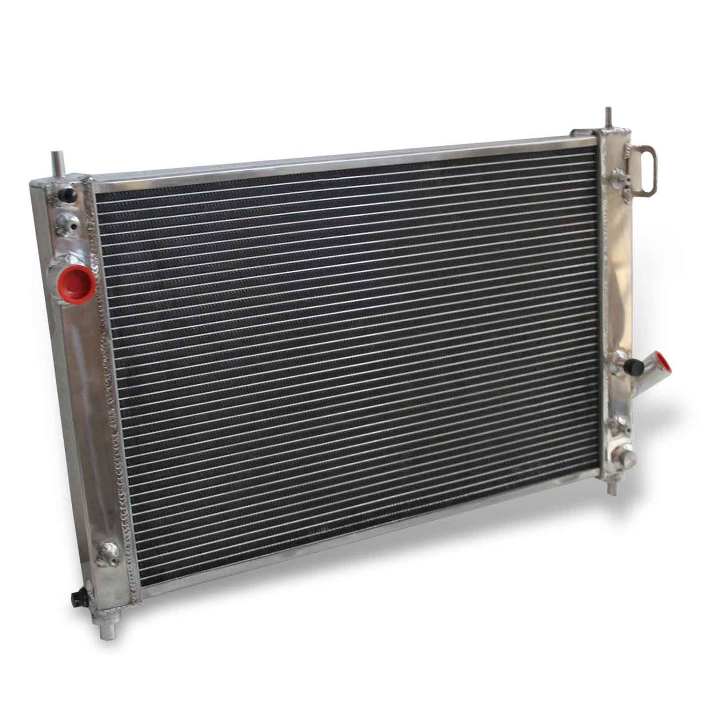 Left side profile of the heavy-duty 3-row aluminum radiator designed for enhanced cooling on the 2009-2015 Chevrolet Aveo and Pontiac G3 Wave 1.6L.