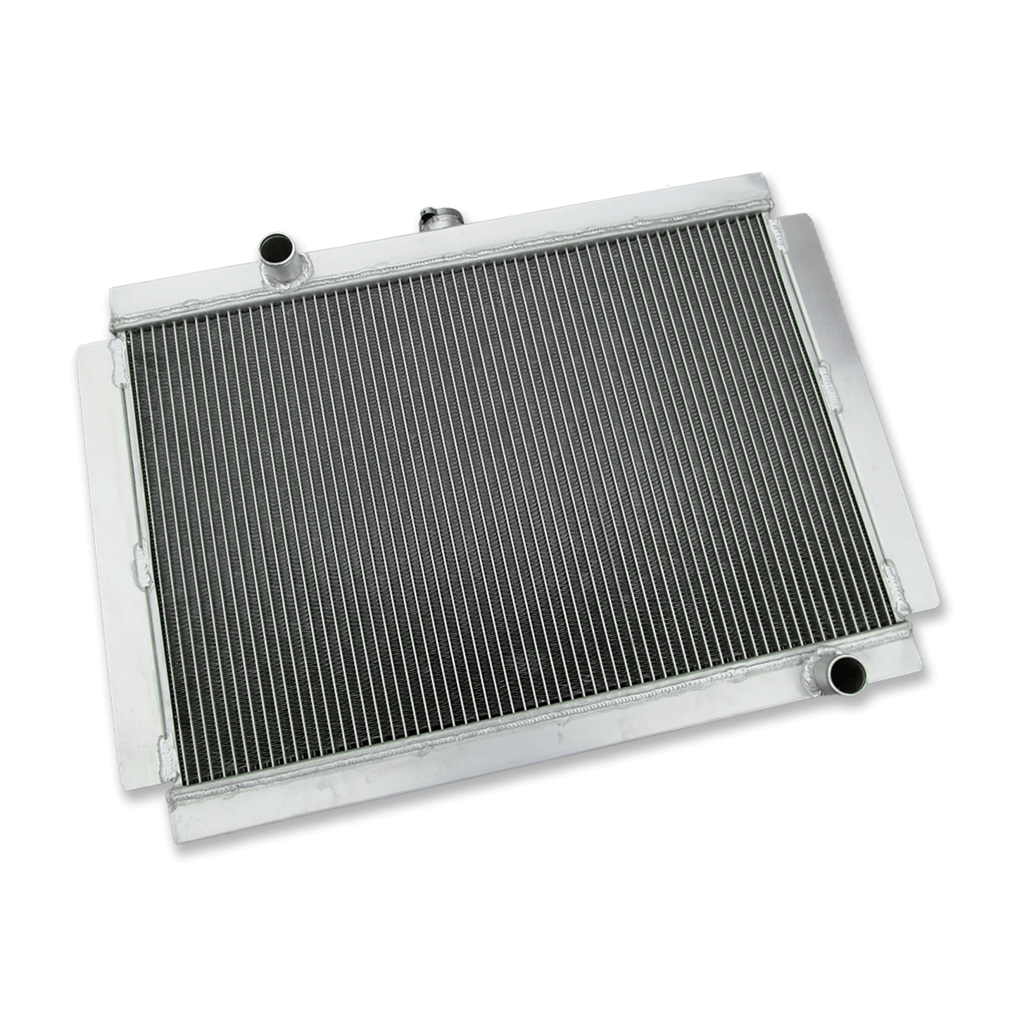 Left side profile of the performance aluminum radiator for Nissan 280ZX S130 and 280Z S30 models, highlighting the robust, fully welded end tank and coolant inlet port.