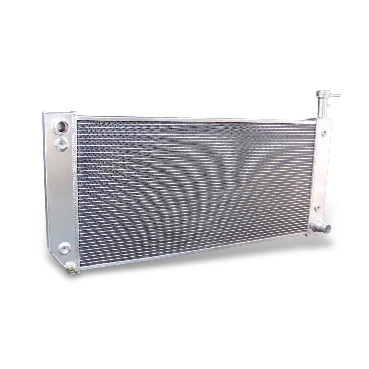 Left side profile of the heavy-duty 3-row aluminum radiator for GMC Savana/Chevy Express, highlighting the side bracket and tank thickness.