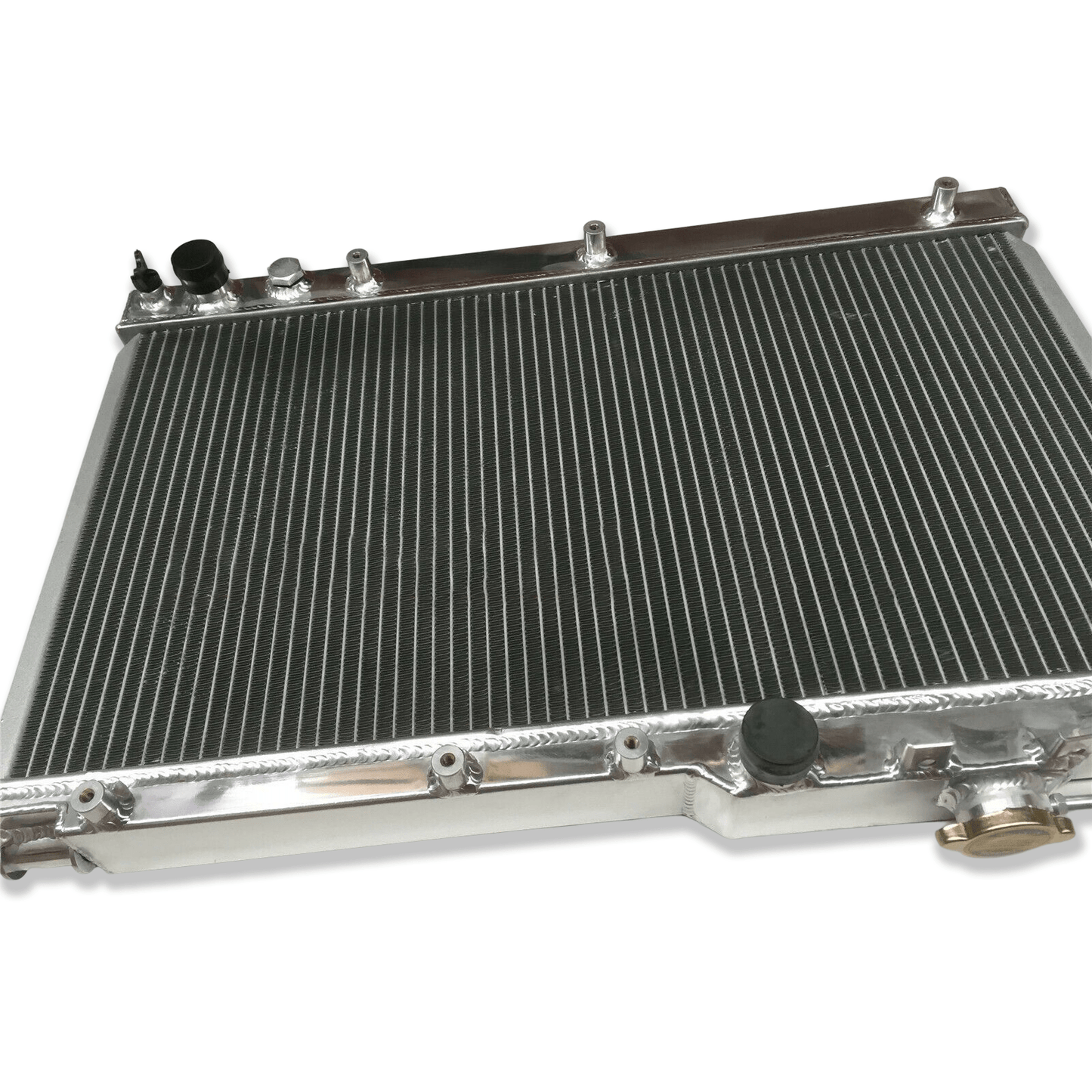 Left side profile of the all-aluminum radiator for the Celica GT-Four ST205, highlighting the robust TIG-welded end tanks for high-boost applications.