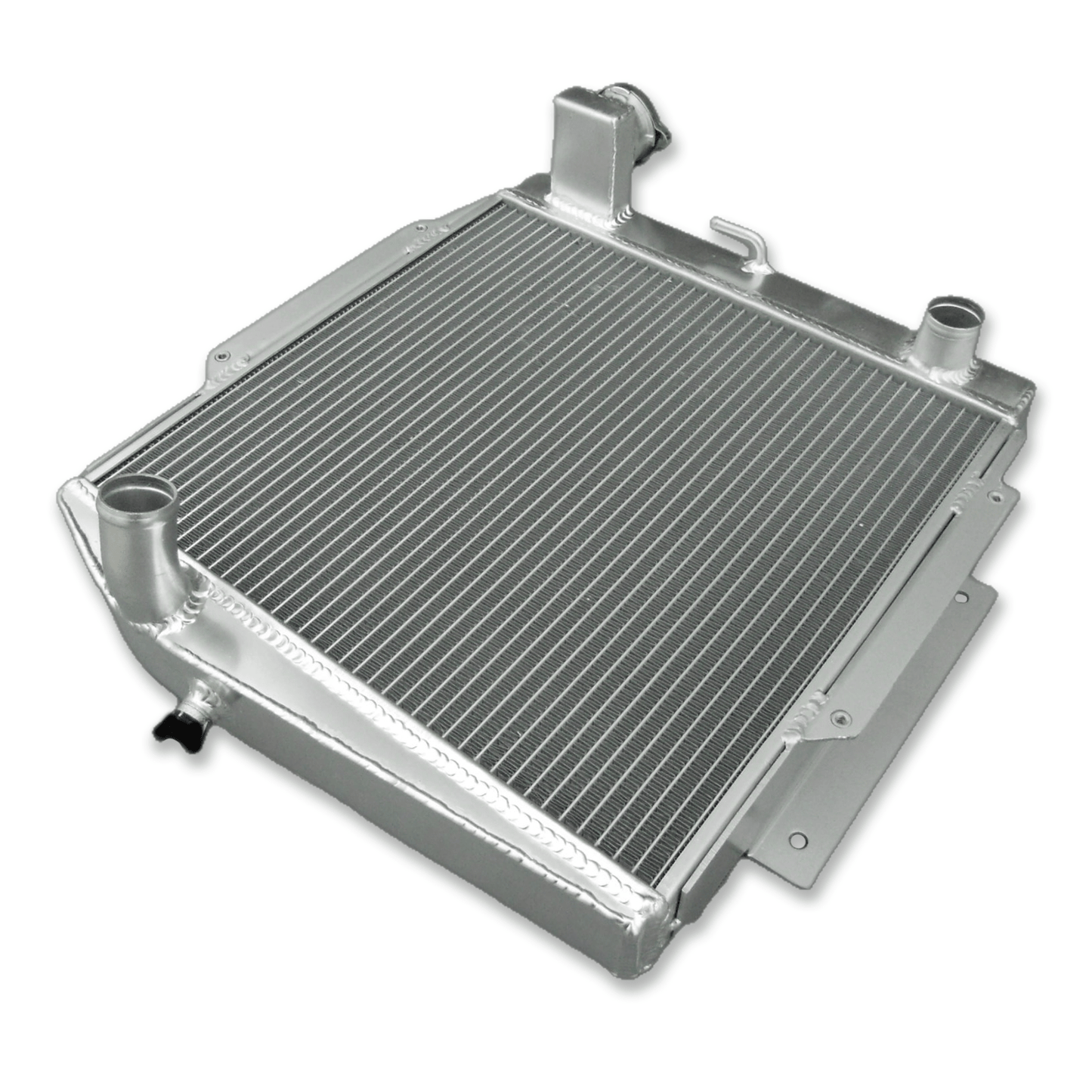 Left side profile of the all-aluminum radiator for the classic Datsun SRL311 Roadster, highlighting the robust TIG-welded tank.