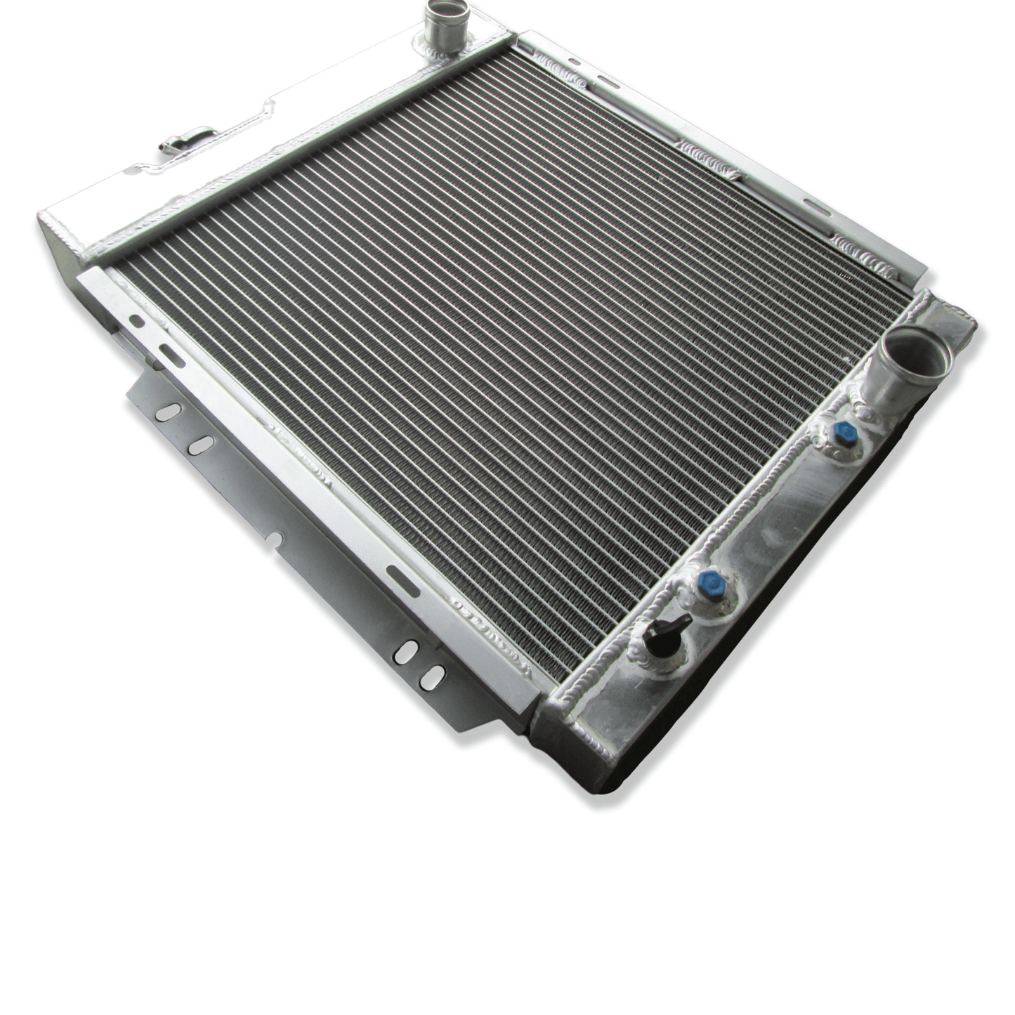 Left side profile of the heavy-duty 3-row radiator for the classic Ford Mustang and Falcon, highlighting the robust TIG-welded tank construction.