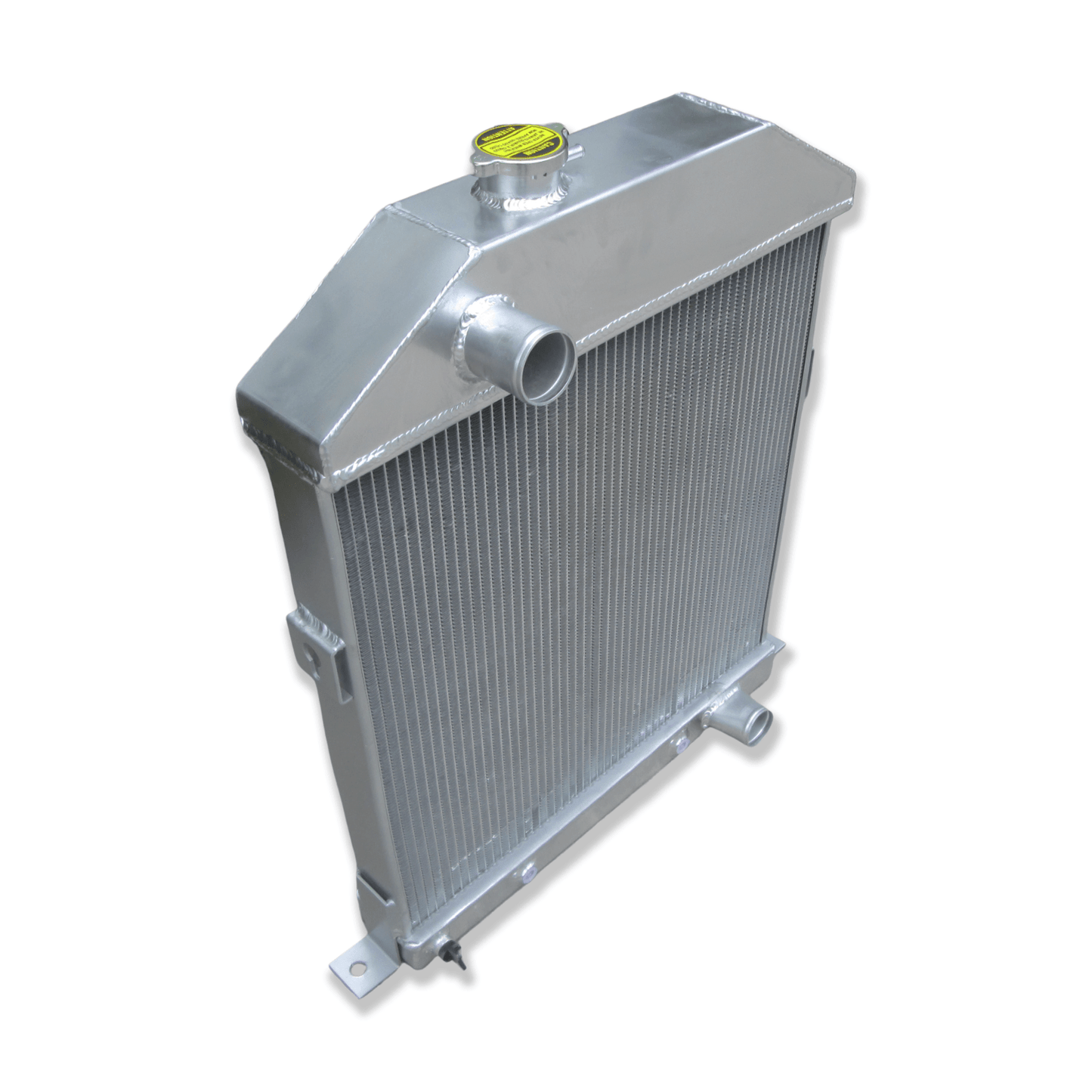 Left side profile of the all-aluminum radiator for 1942-48 Ford & Mercury sedans and pickups, highlighting the TIG-welded tanks.