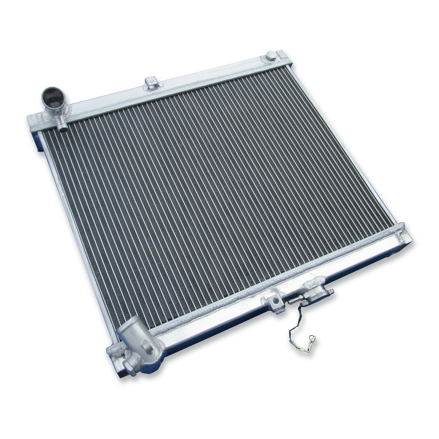 Left side profile of the all-aluminum radiator for the FC RX-7 rotary engine, highlighting the robust TIG-welded end tanks.