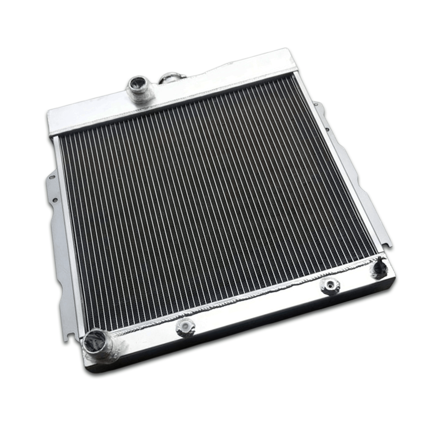 Left side profile of the all-aluminum radiator for classic Mopar V8 cars, highlighting the robust TIG-welded tank construction.