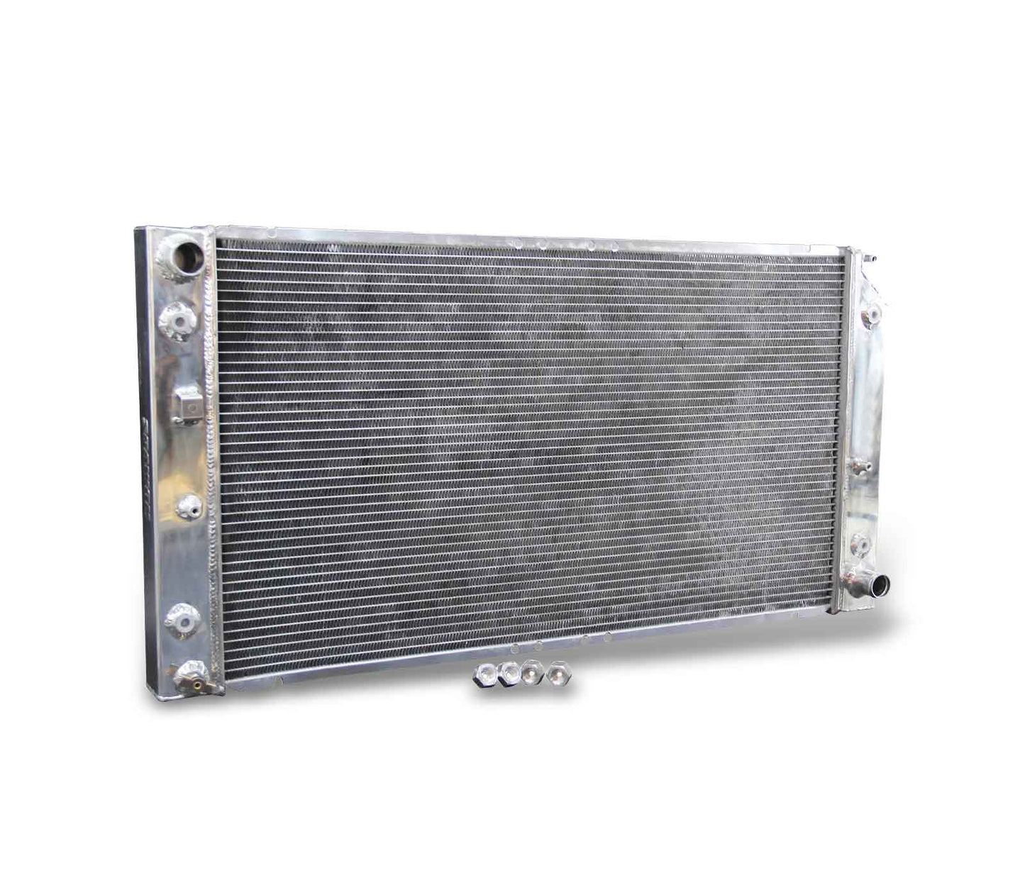 Left side of the aluminum radiator for a 1994-96 Buick Commercial Chassis 5.7L V8, clearly showing the upper inlet hose connection and side mounting panel.