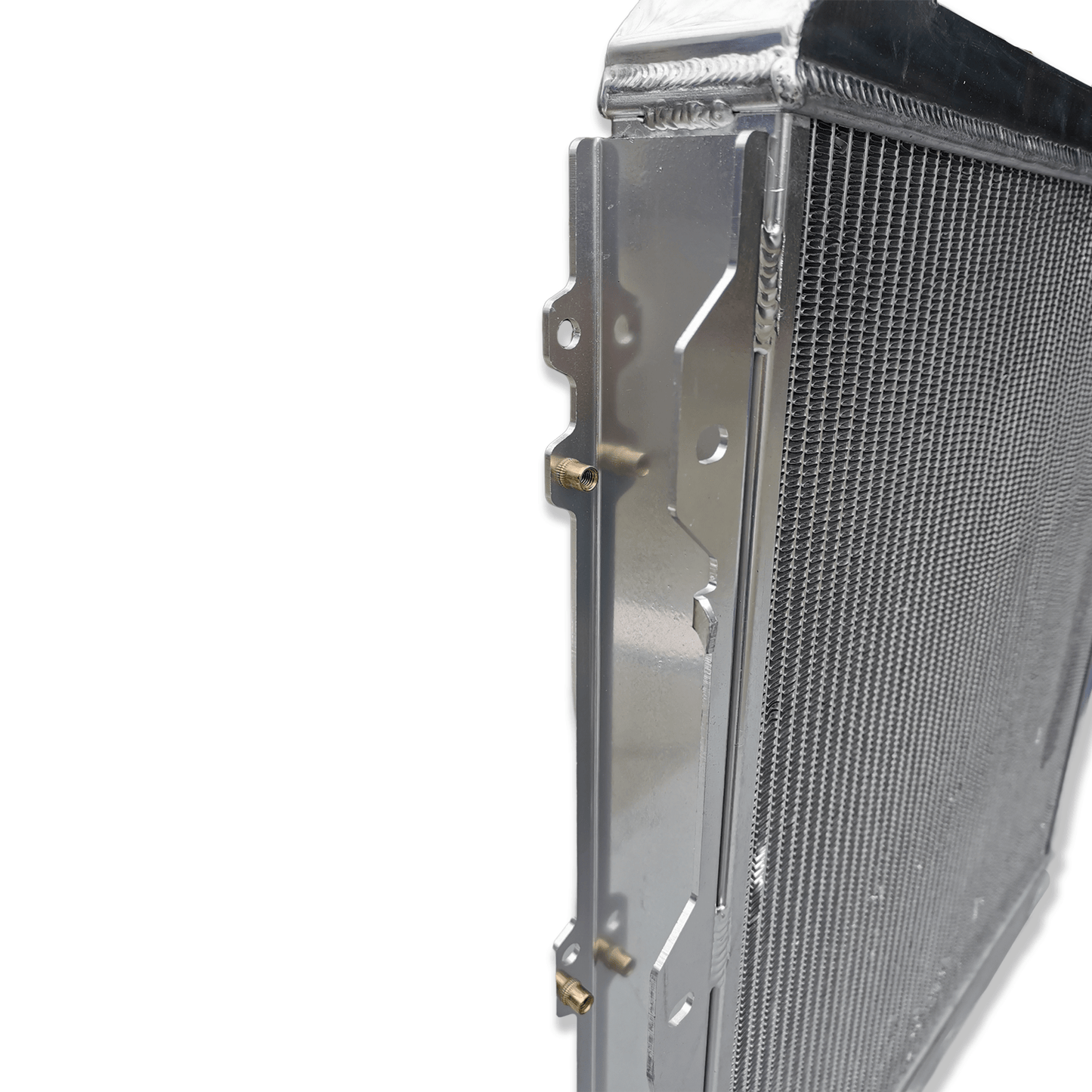 Left side profile of the all-aluminum radiator for the Toyota 4Runner 1KZ-TE, highlighting the robust TIG-welded tank construction for off-road use.