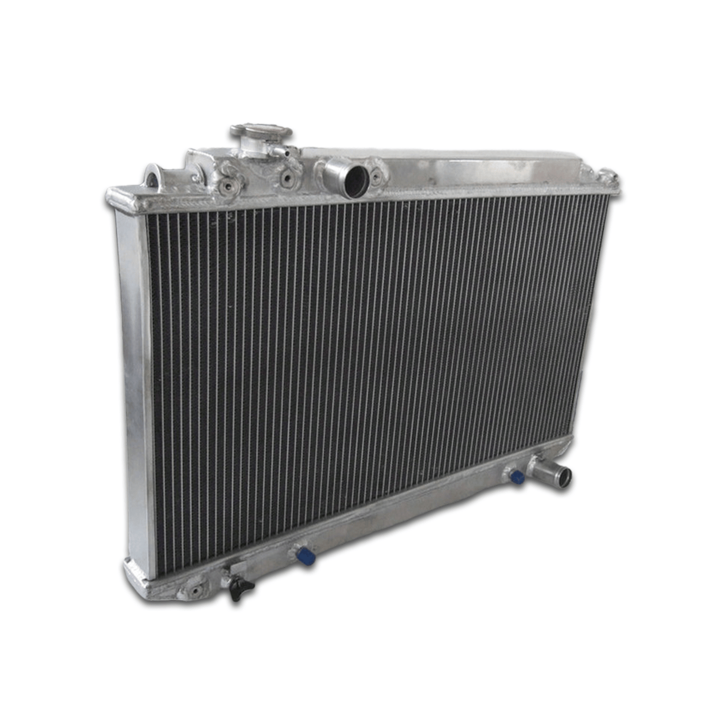 Left side profile of the all-aluminum radiator for the 7M-GE powered Cressida MX83, highlighting the TIG-welded end tank and main coolant hose connections.
