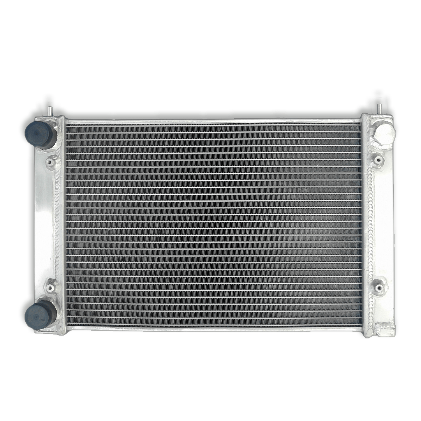 Left side profile of the all-aluminum radiator for the VW Golf MK2 and Corrado 16V, highlighting the durable TIG-welded end tanks.