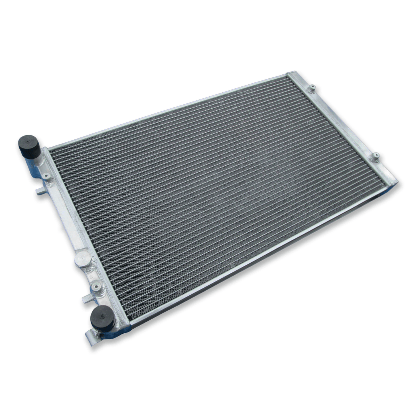 Left side profile of the dual pass radiator for the VW Golf MK4, highlighting the unique same-side inlet/outlet for dual pass efficiency.