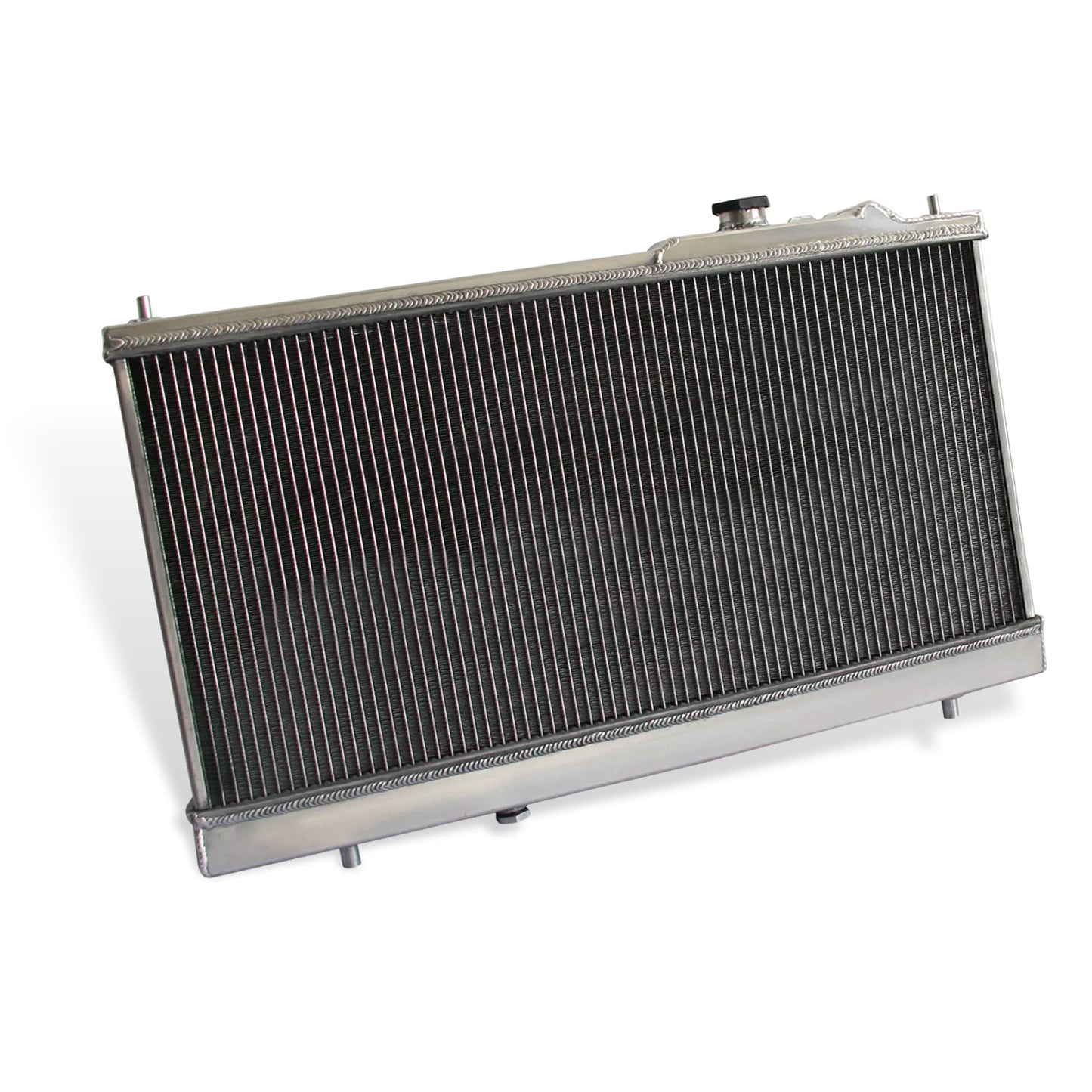 Aluminum radiator fan shroud 2-row left back view Mazda Protege (1999-2003) OEM Mounts