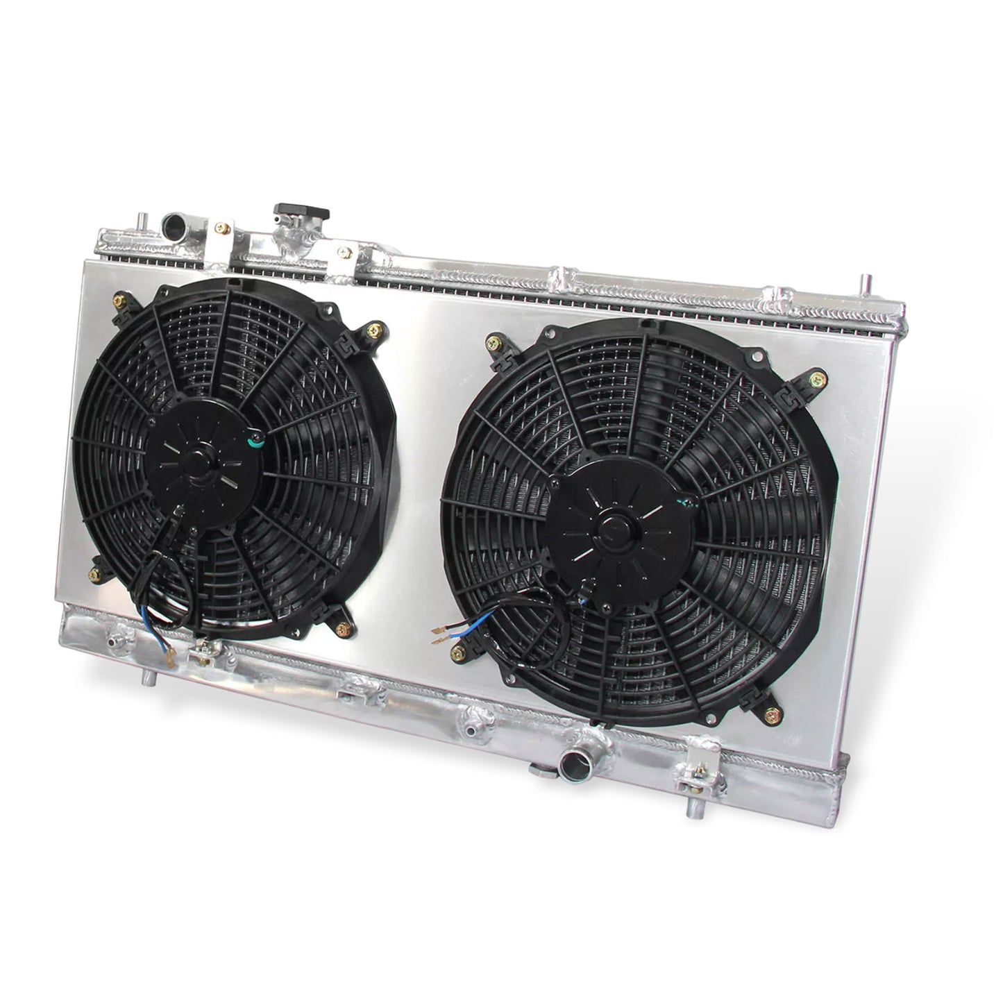 Aluminum radiator fan shroud 2-row right side view Mazda Protege (1999-2003) OEM Mounts