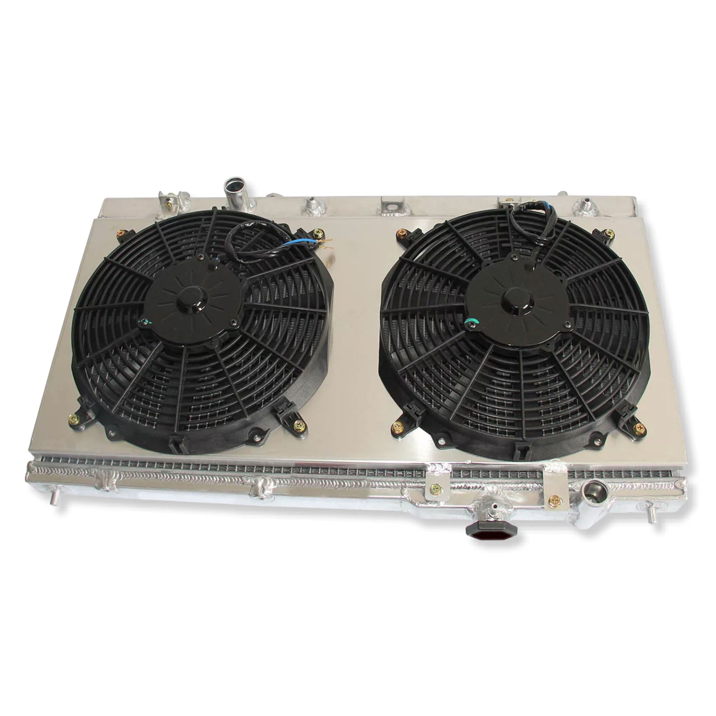 Aluminum radiator fan shroud 2-row top view Mazda Protege (1999-2003) Direct Fit