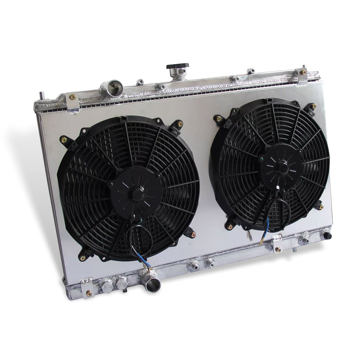 Aluminum radiator fan shroud 2-row left side view Mitsubishi Mirage (1997-2002) OEM Mounts