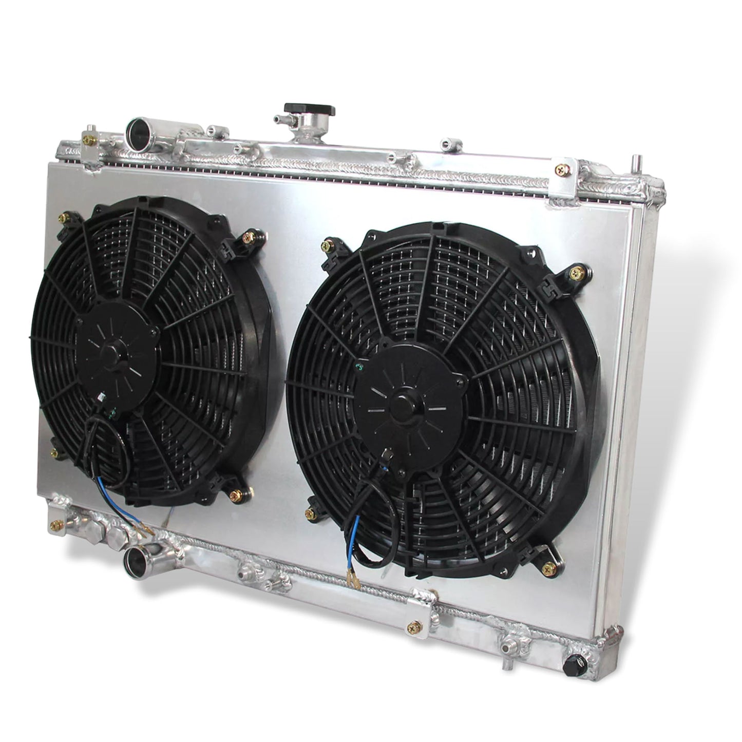Aluminum radiator fan shroud 2-row right side view Mitsubishi Mirage (1997-2002) OEM Mounts
