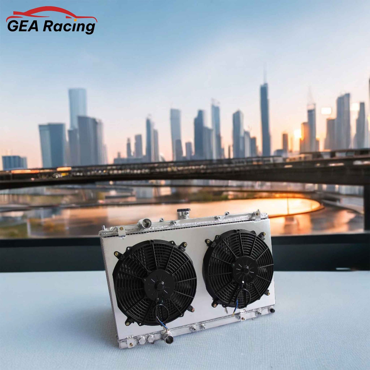 Aluminum radiator fan shroud 2-row scenario view Mitsubishi Mirage (1997-2002) Pressure Tested