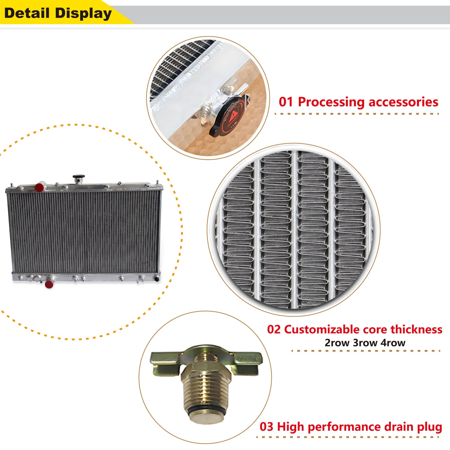 Aluminum radiator 2-row detail view Mitsubishi Mirage DE/ES/LS (1997-2002) Pressure Tested