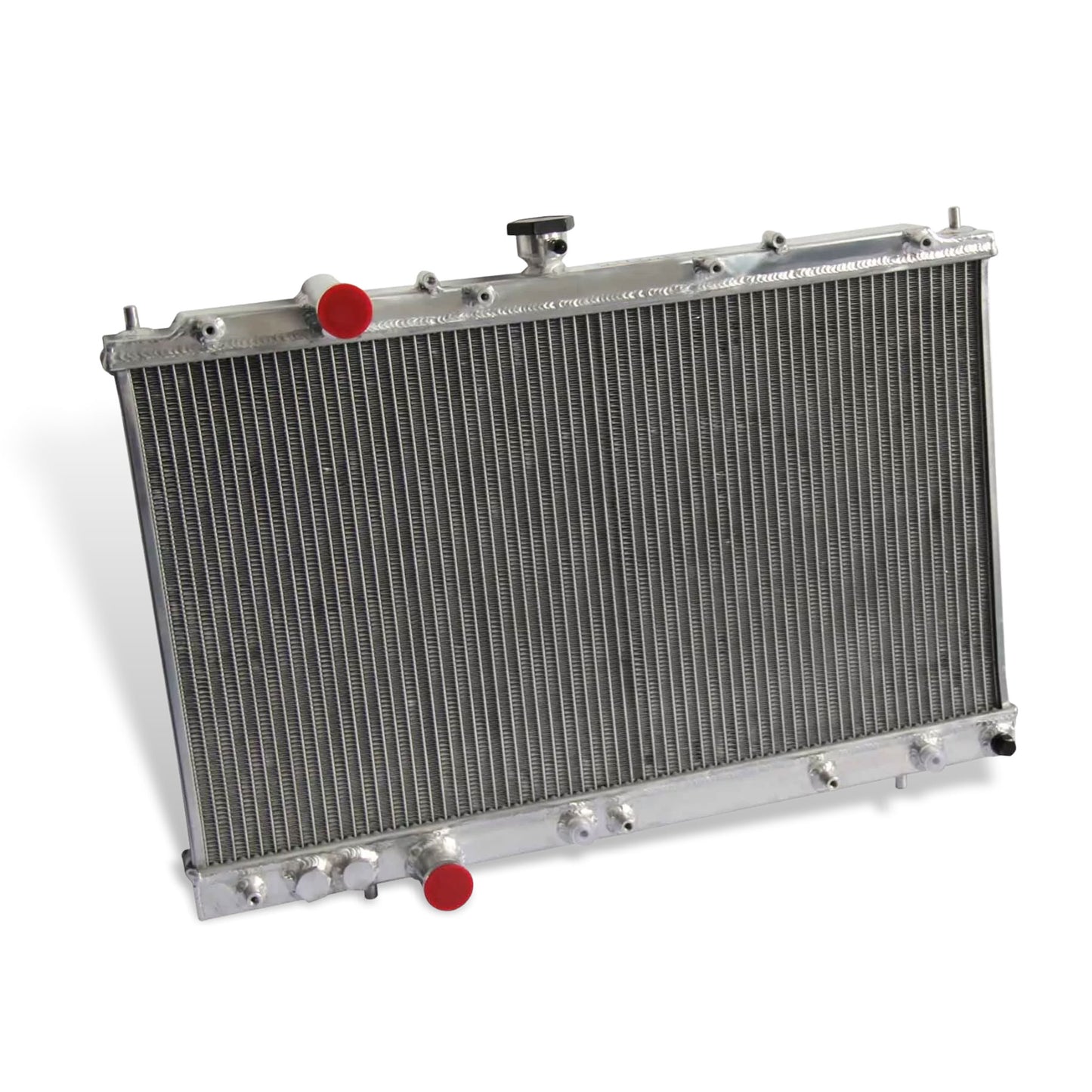 Aluminum radiator 2-row left side view Mitsubishi Mirage DE/ES/LS (1997-2002) OEM Mounts