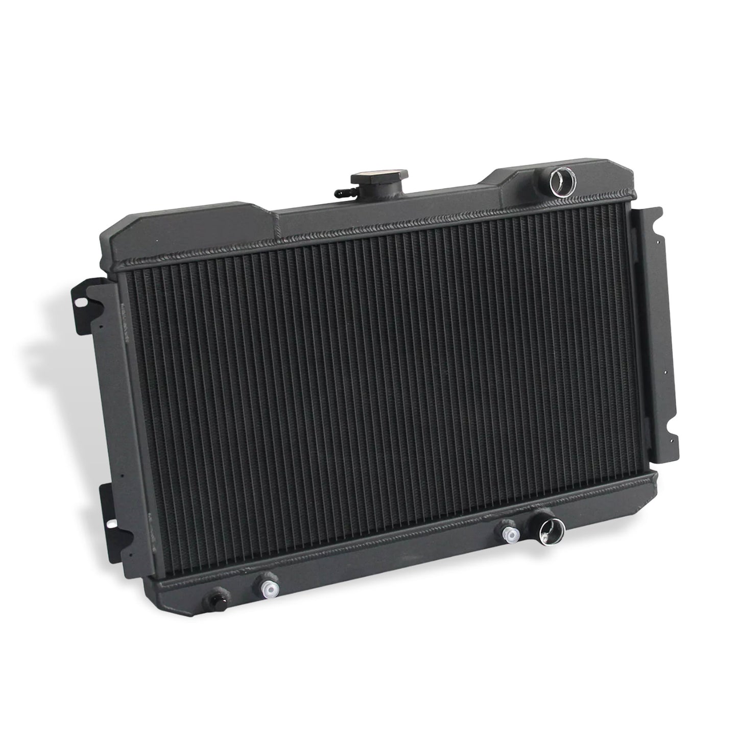 Aluminum black radiator 3-row left side view Nissan 720 (1983-1986) OEM Mounts