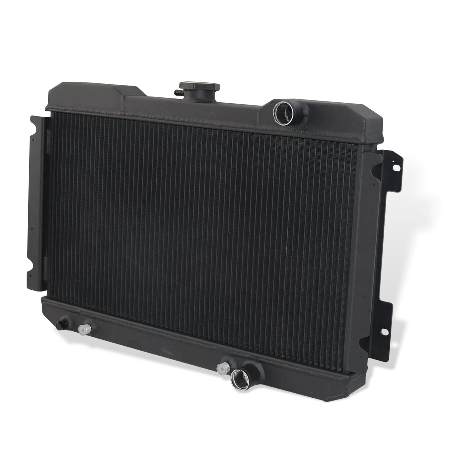 Aluminum black radiator 3-row right side view Nissan 720 (1983-1986) OEM Mounts
