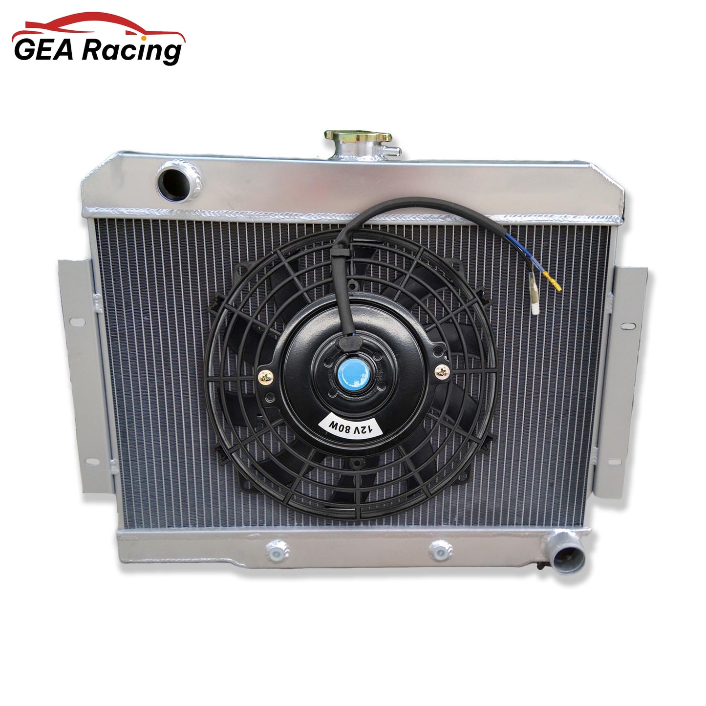 The optional aluminum radiator and fan shroud kit for a V8-swapped Jeep CJ, featuring a high-CFM electric fan for maximum cooling.
