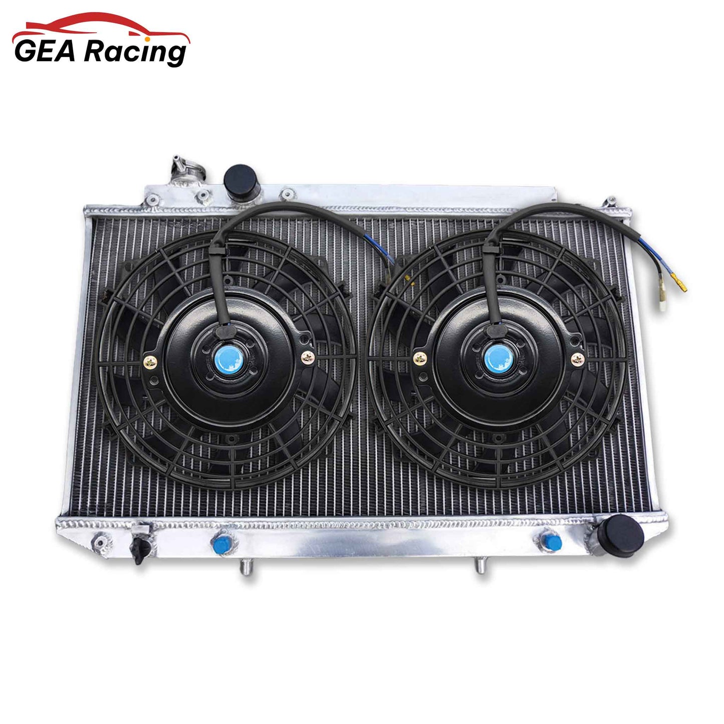 The complete aluminum radiator and fan shroud kit for the Toyota Cressida MX83, including dual high-performance electric fans for maximum, consistent cooling.