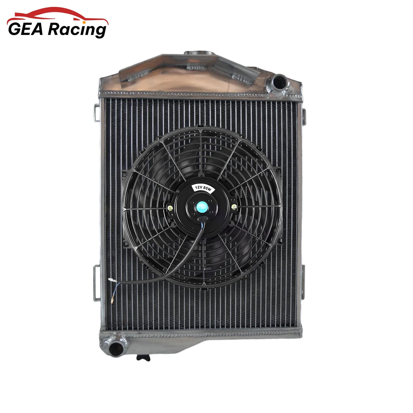 Complete cooling kit: 3-row aluminum radiator with dual electric fans and shroud for an Austin-Healey 3000/100-6, ensuring maximum airflow.