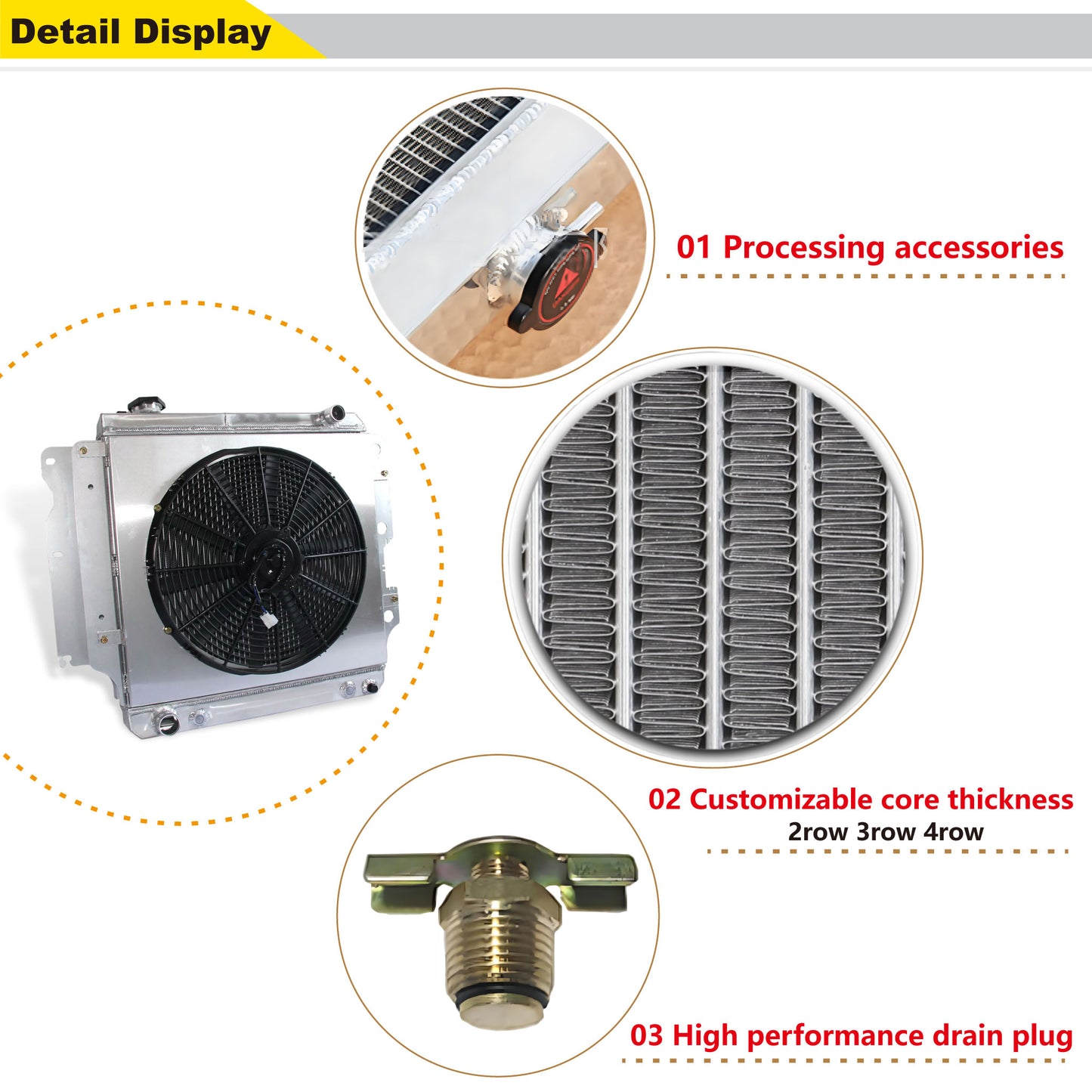 Aluminum Radiator Fan Shroud detail view Wrangler YJ/TJ (1987-2006) 4.0L/2.4L L4/L6 3 Row Pressure Tested