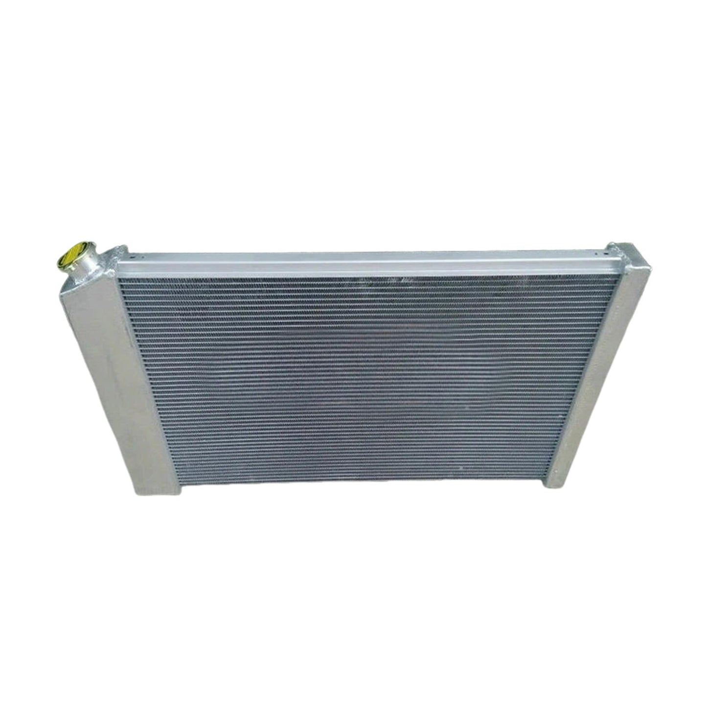 Rear view of the 3-row aluminum radiator for a 73-86 Chevy C10, showing the integrated automatic transmission cooler ports for AT/MT use.
