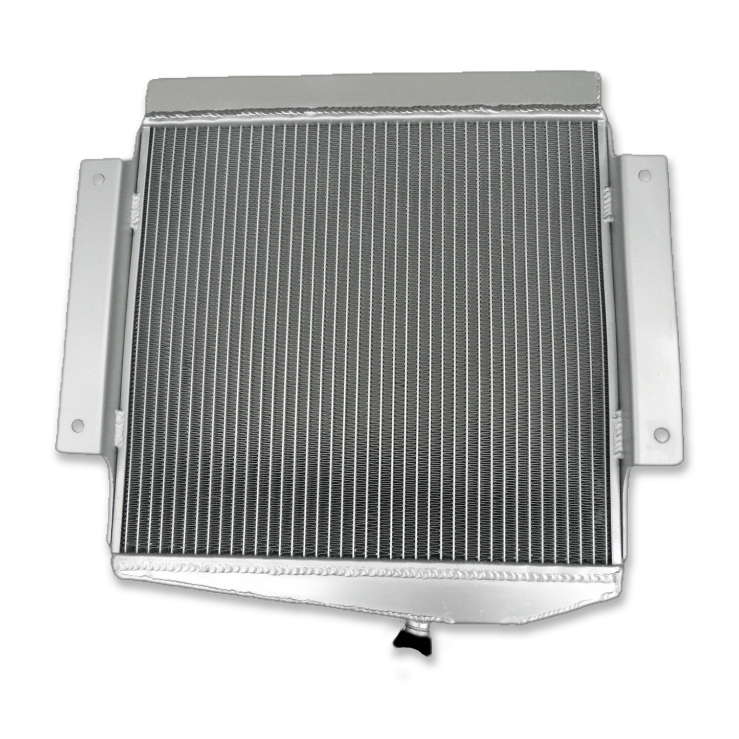 Rear view of the 3-row aluminum radiator for the Datsun Fairlady 2000, showing the direct-fit mounting points for an easy installation.