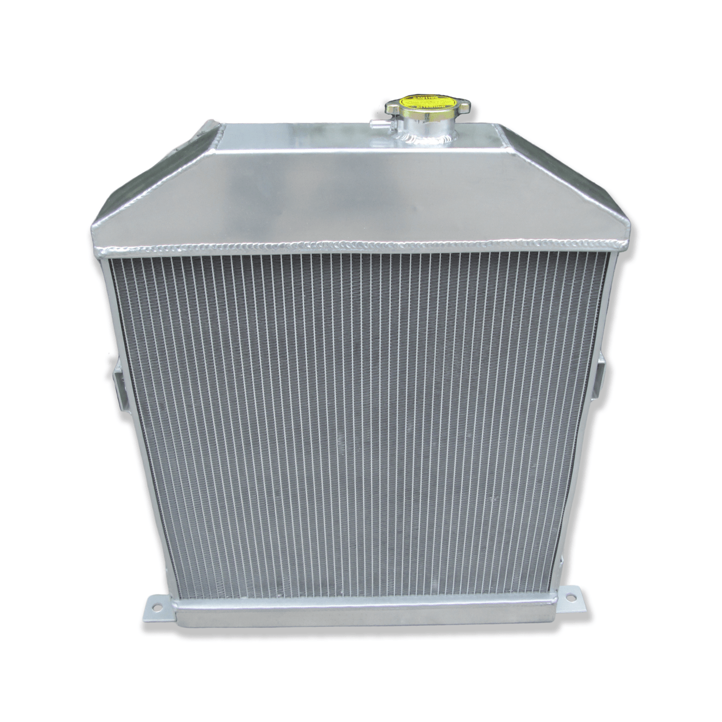 Rear view of the 3-row aluminum radiator for a classic Ford with a Flathead V8, showing the robust construction for hot rod or restoration use.