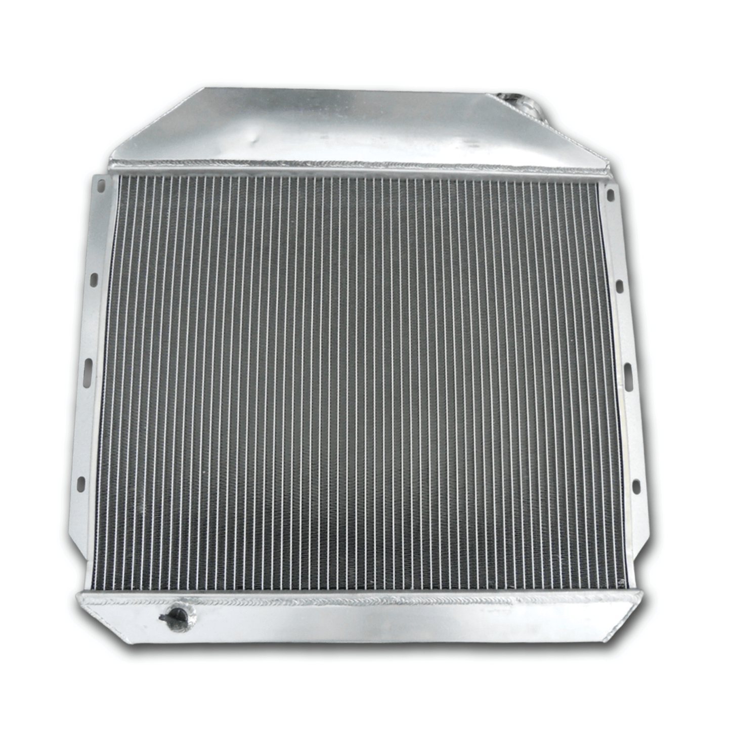 Rear view of the 3-row aluminum radiator for classic International Harvester trucks, showing the integrated automatic transmission cooler ports.