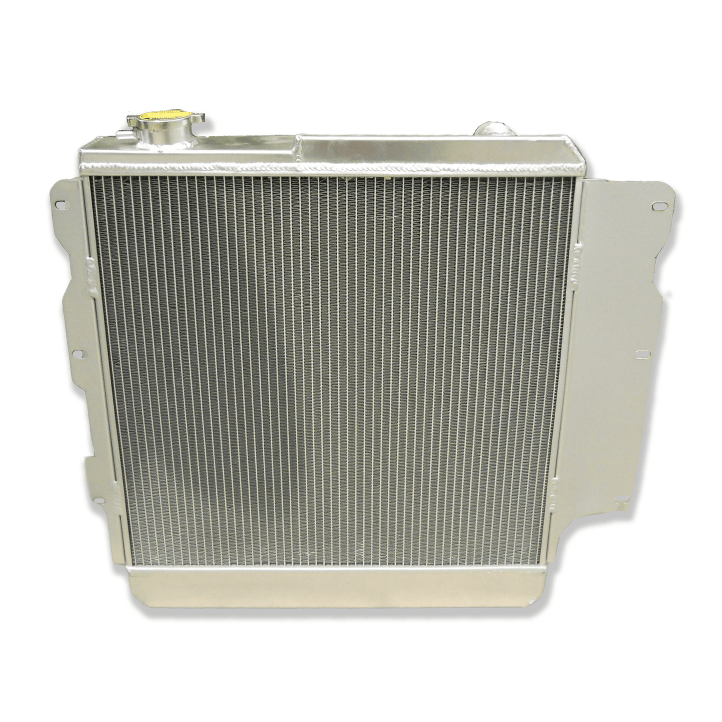 Rear view of the aluminum radiator for a Jeep Wrangler V8 conversion, showing the integrated automatic transmission cooler ports for AT/MT use.
