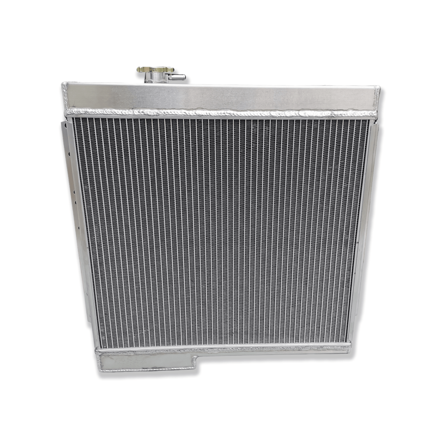 Rear view of the 3-row aluminum radiator for the Land Cruiser FJ40 series, showing the robust mounting points for a direct fit with the 2F engine.