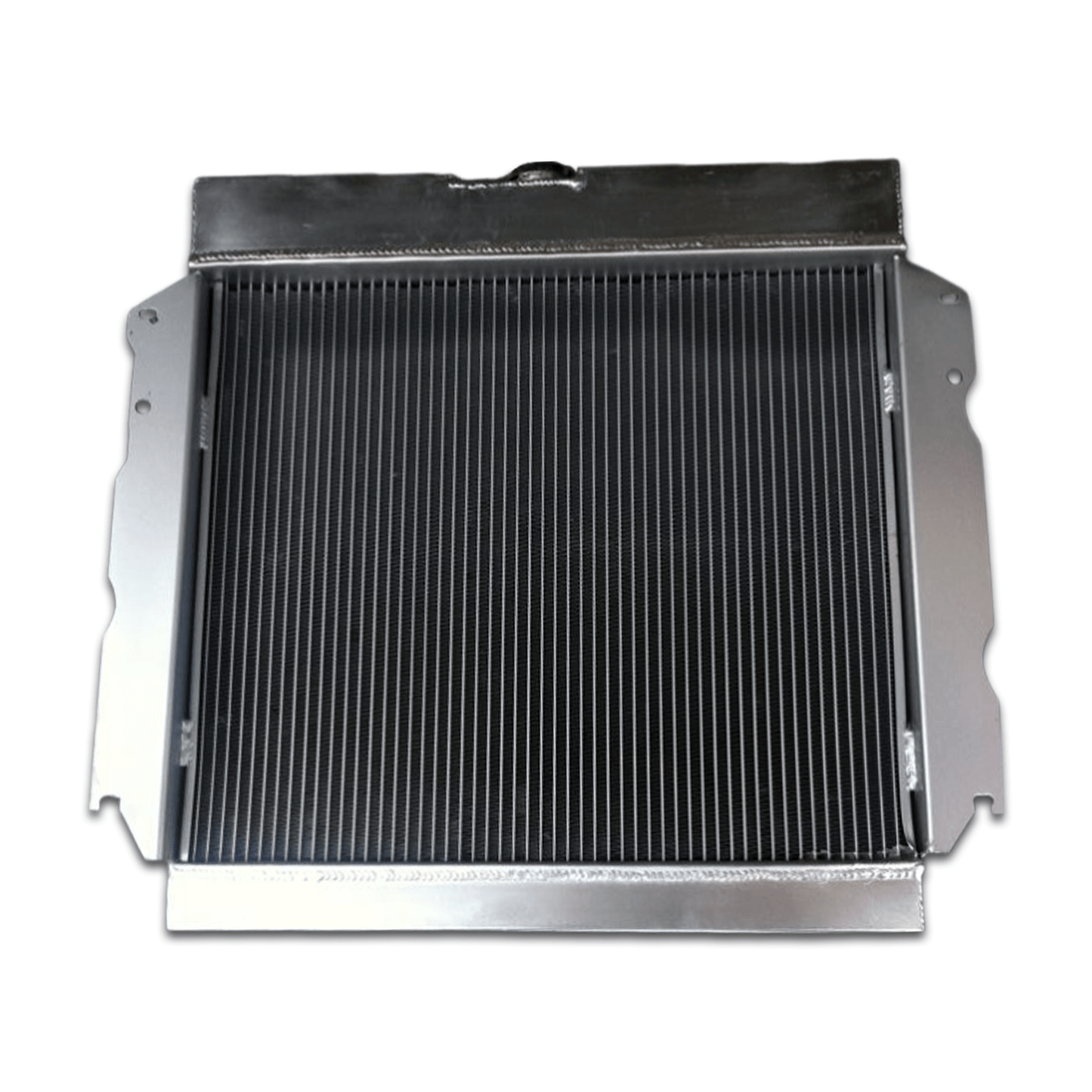 Rear view of the 3-row aluminum radiator for Mopar B-Body V8s, showing the integrated automatic transmission cooler ports for universal AT/MT fitment.