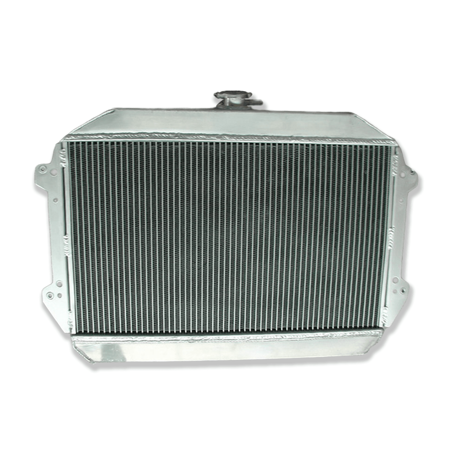 Rear view of the aluminum radiator for the Datsun 240Z/260Z, showing the integrated automatic transmission cooler ports for universal AT/MT fitment.