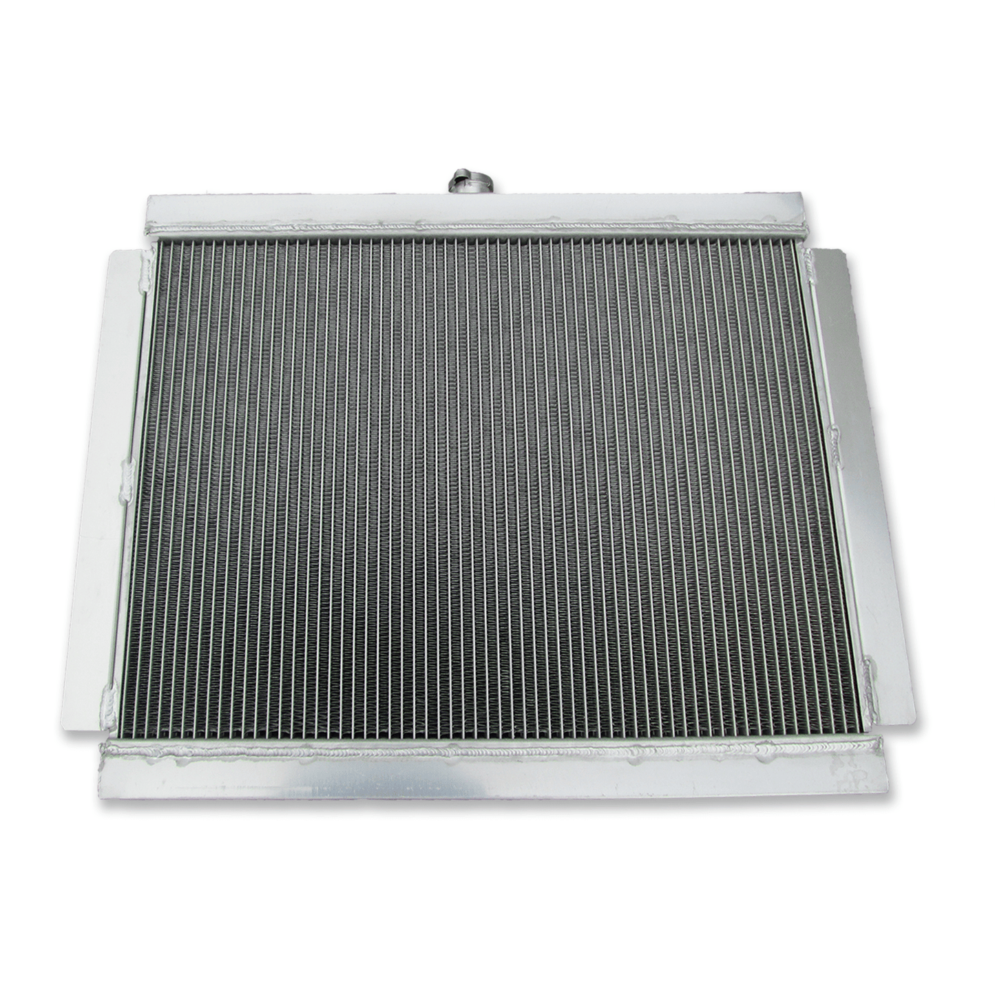 Rear view of the aluminum radiator for the Datsun 280Z and 280ZX Fairlady Z, detailing the mounting points and hose connections for a direct-fit MT installation.